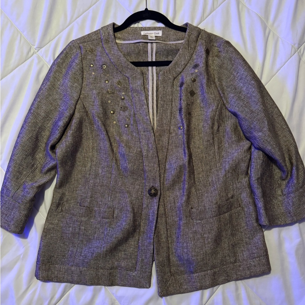 Coldwater Creek Brown Embellished Tweed 3/4 Sleeve Blazer Jacket Woman's Size 14